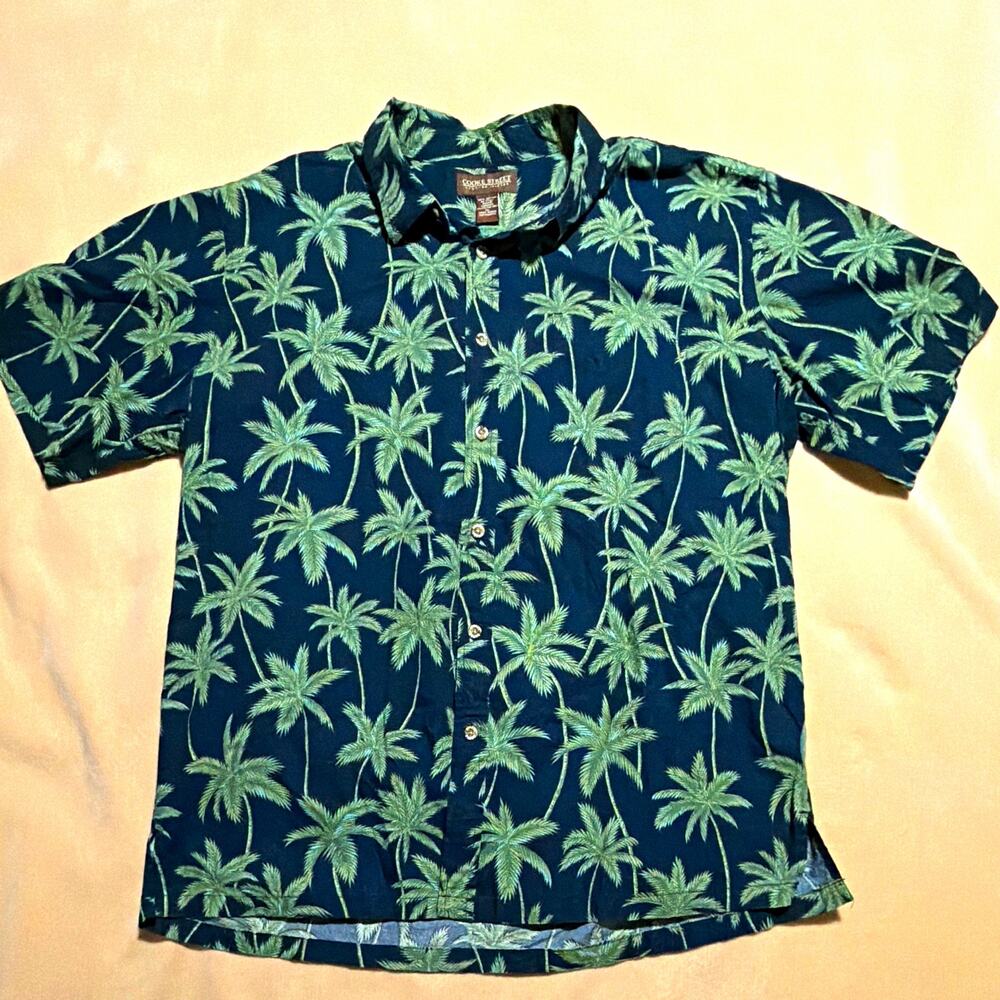 Cooke Street Mens XL Hawaiian Palm Tree Woven Cotton Button-Up Shirt Blue Green
